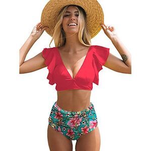 Womens Ruffle High Waist Two Piece Push Up Bikini (Pink/Floral, Large), Size: L